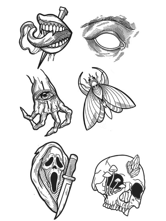 Halloween flash — Ghostface, skull mushrooms, moth eye, cicada