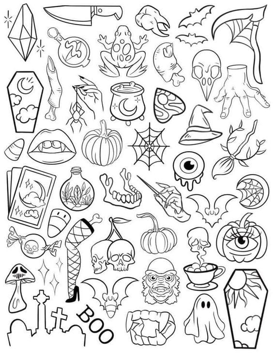 Halloween flash — fine line coffins, frogs, cauldrons, bats