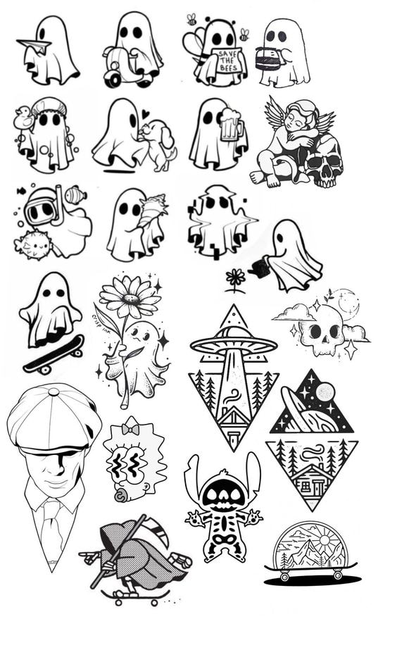 Halloween flash — ghost mix, skeletons, Stitch, geometric
