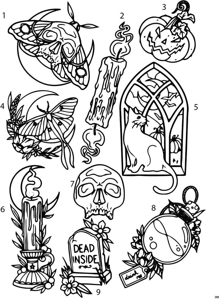 Halloween flash — numbered sheet, moth skull, candles, gothic window