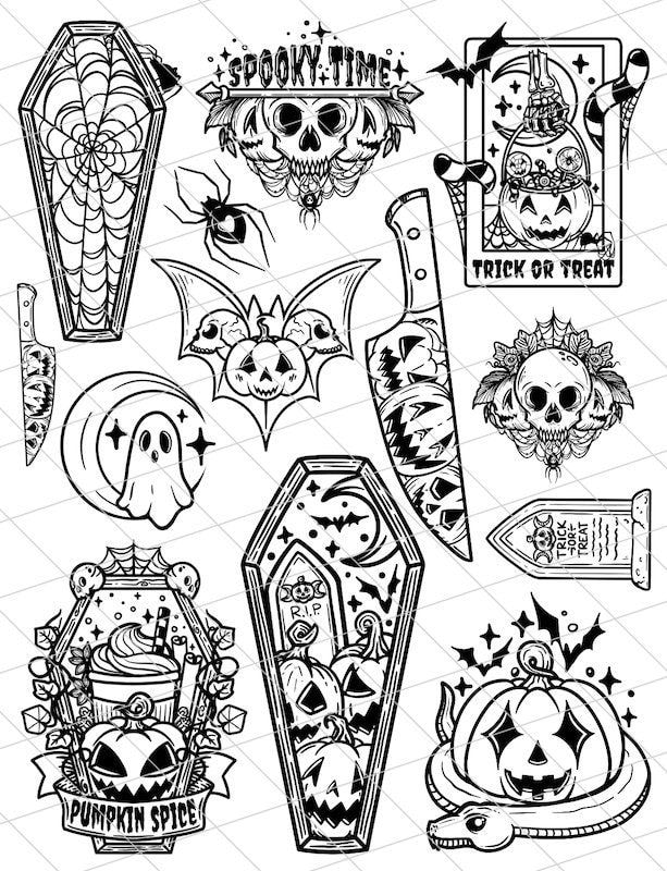 Halloween flash — coffins, pumpkins, bats, Spooky Time sheet